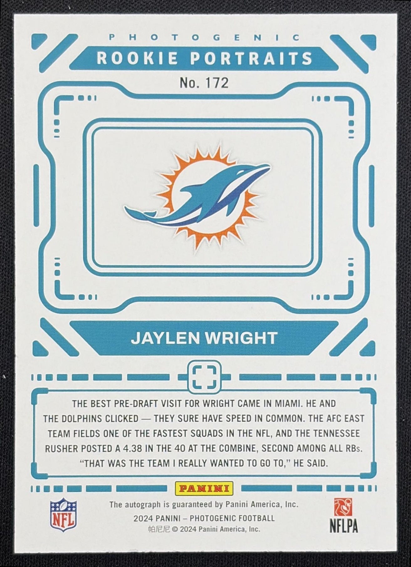 Jaylen Wright 2024 Panini Photogenic Auto Dolphins Miami Dolphins back