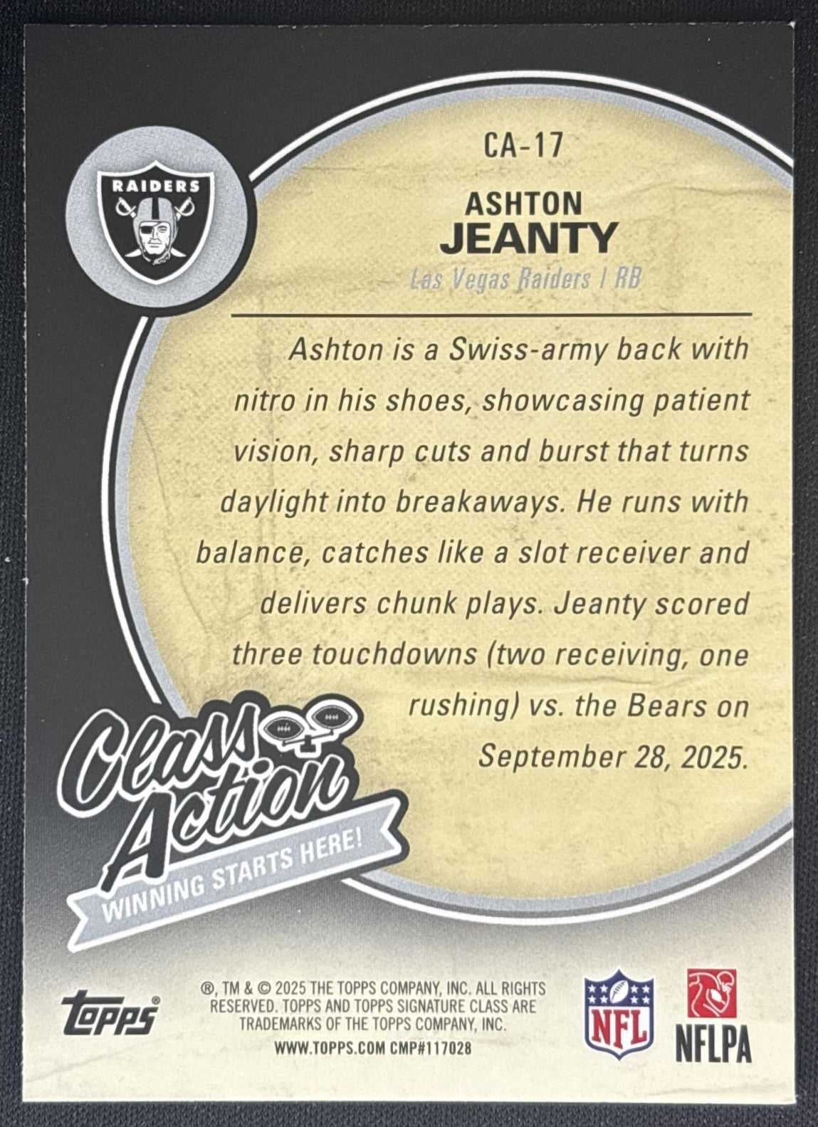 Ashton Jeanty 2025 Topps Signature Class Action Raiders back