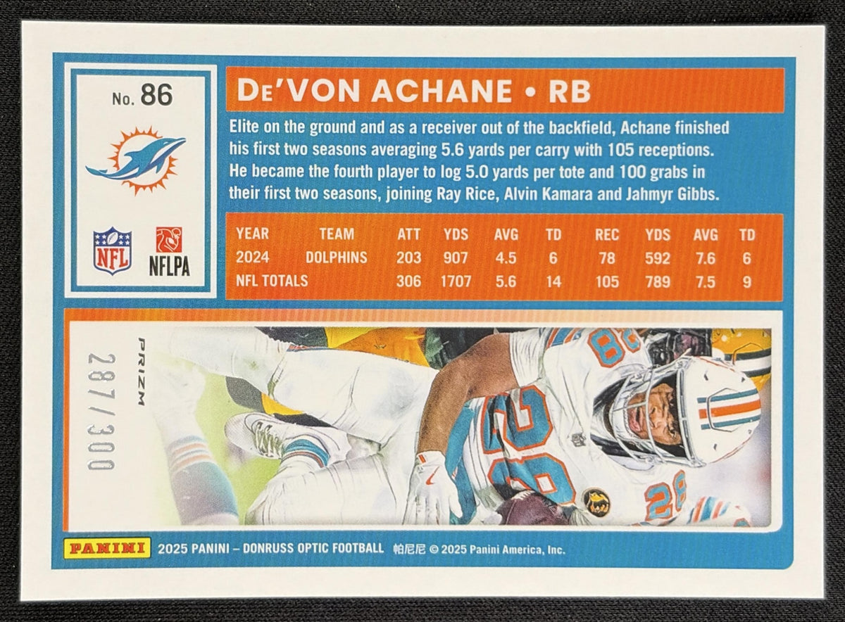 De'Von Achane 2025 Panini Donruss Optic Wave Prizm /300 Dolphins back