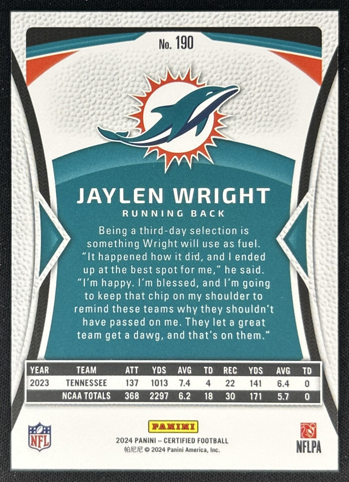 Jaylen Wright 2024 Panini Certified Rookies Mirror /350 Dolphins