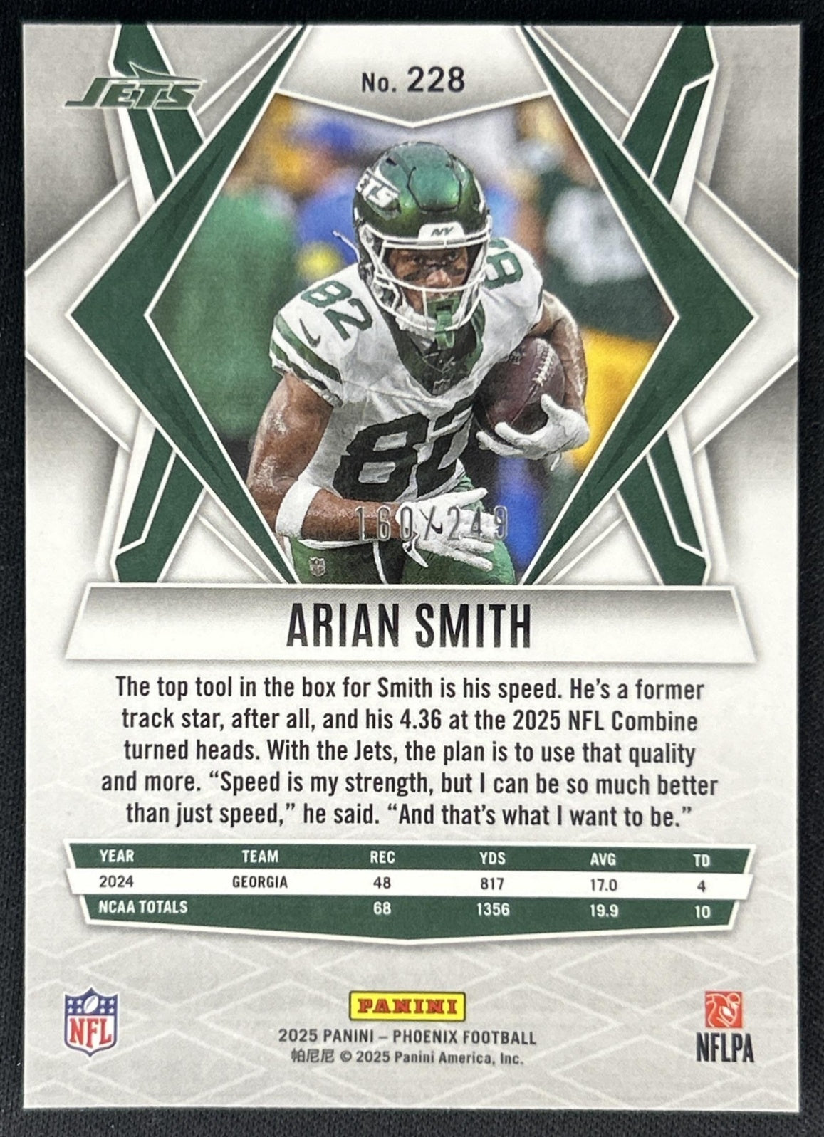 Arian Smith 2025 Panini Phoenix Purple Winter Prizm /249 Jets back