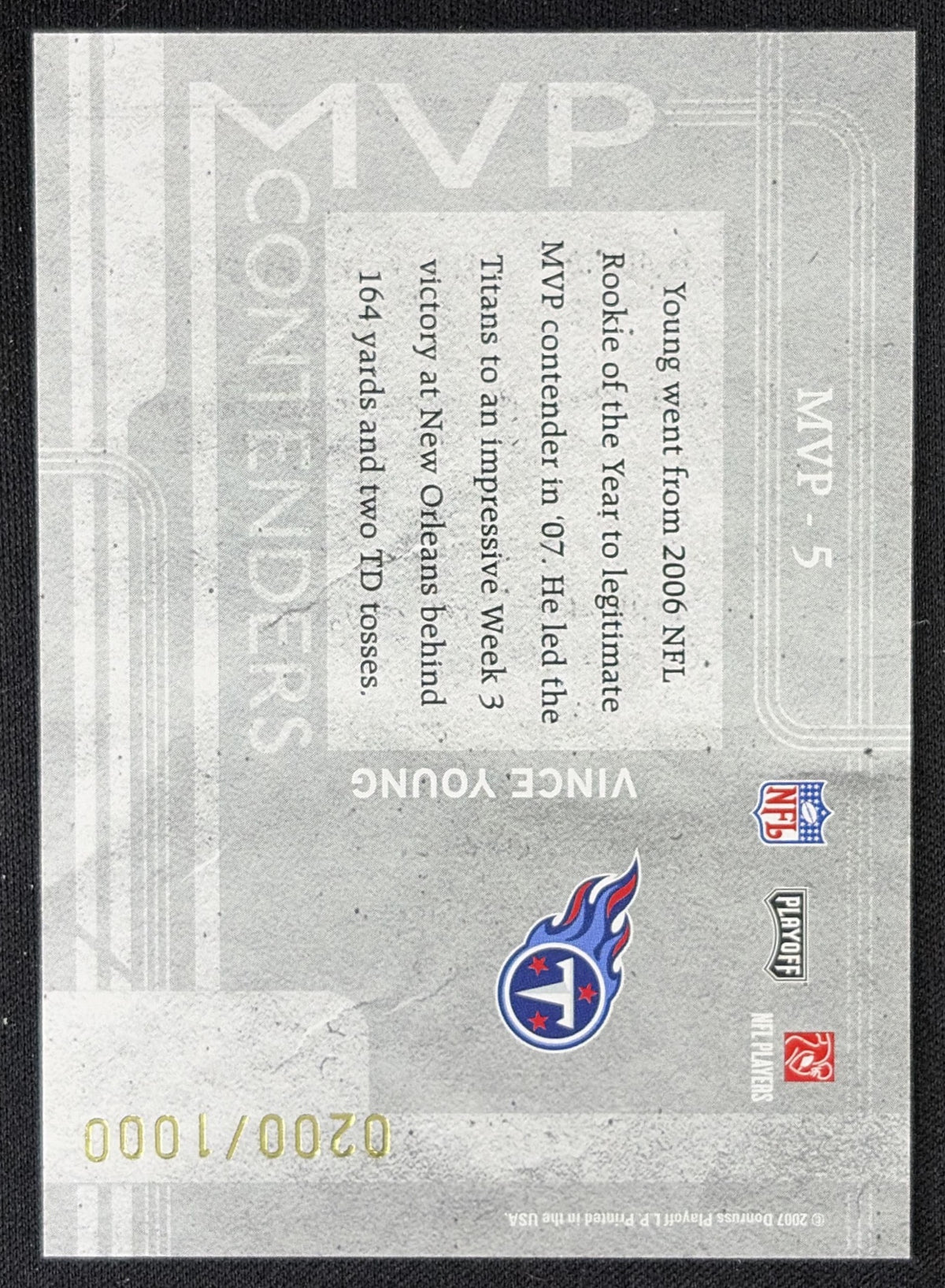 Vince Young 2007 Playoff Contenders MVP /1000 Titans Sports Trading Card