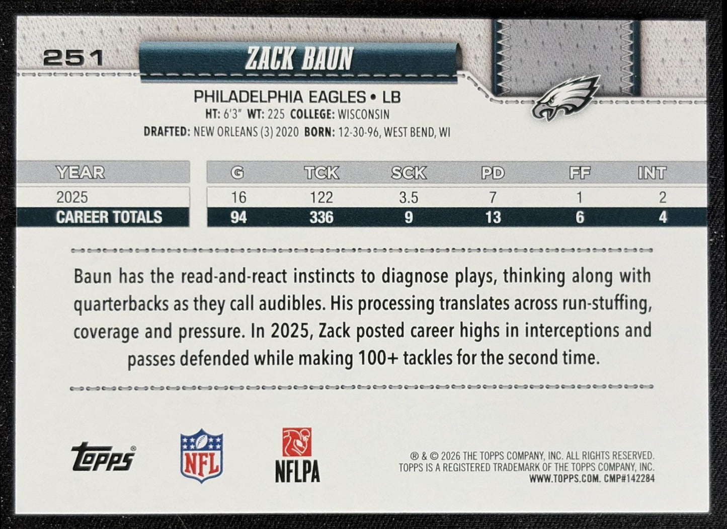 Zack Baun 2026 Topps Football Leather Foil Eagles back
