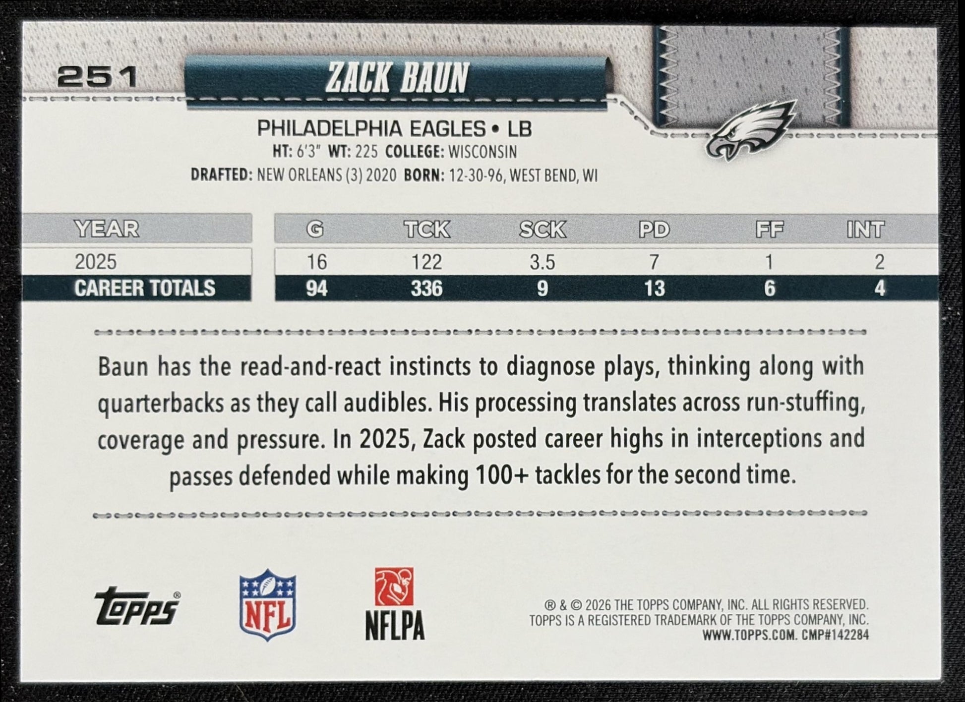 Zack Baun 2026 Topps Football Leather Foil Eagles back