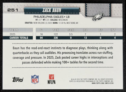 Zack Baun 2026 Topps Football Leather Foil Eagles back