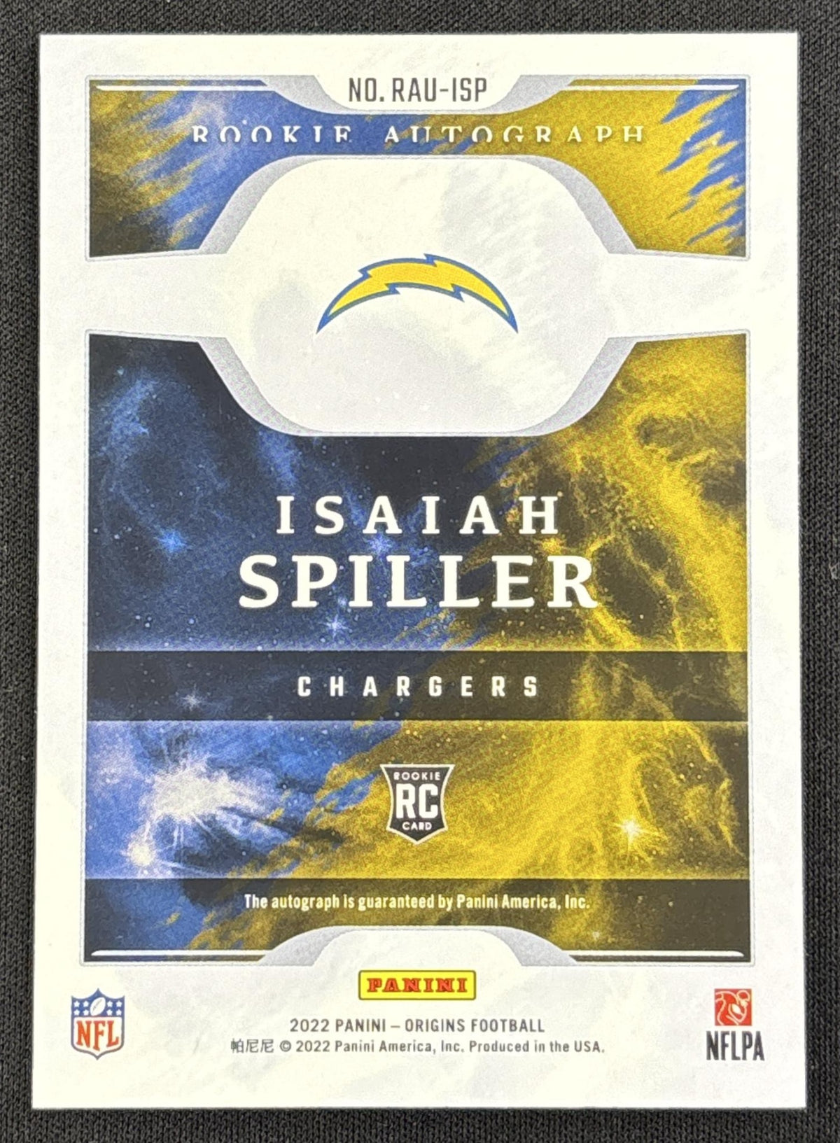 Isaiah Spiller 2022 Panini Origins Rookie Auto Chargers