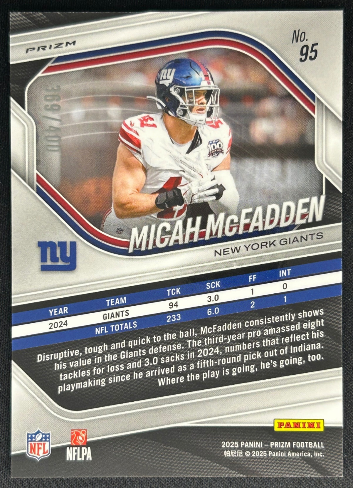Micah McFadden 2025 Panini Prizm Pandora /400 Giants Sports Trading Cards