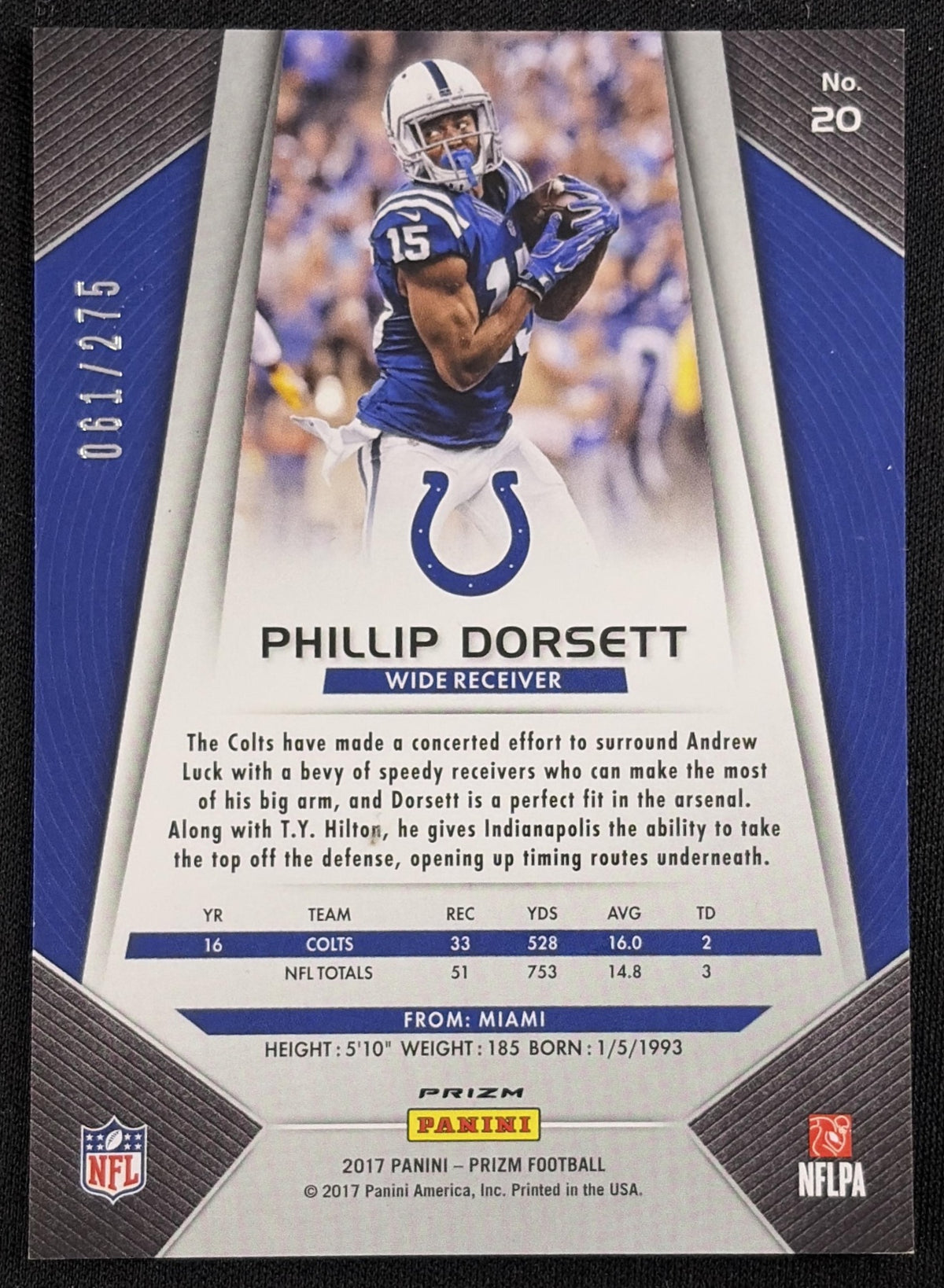 Back of Phillip Dorsett 2017 Panini Prizm Orange /275 Colts sports trading card