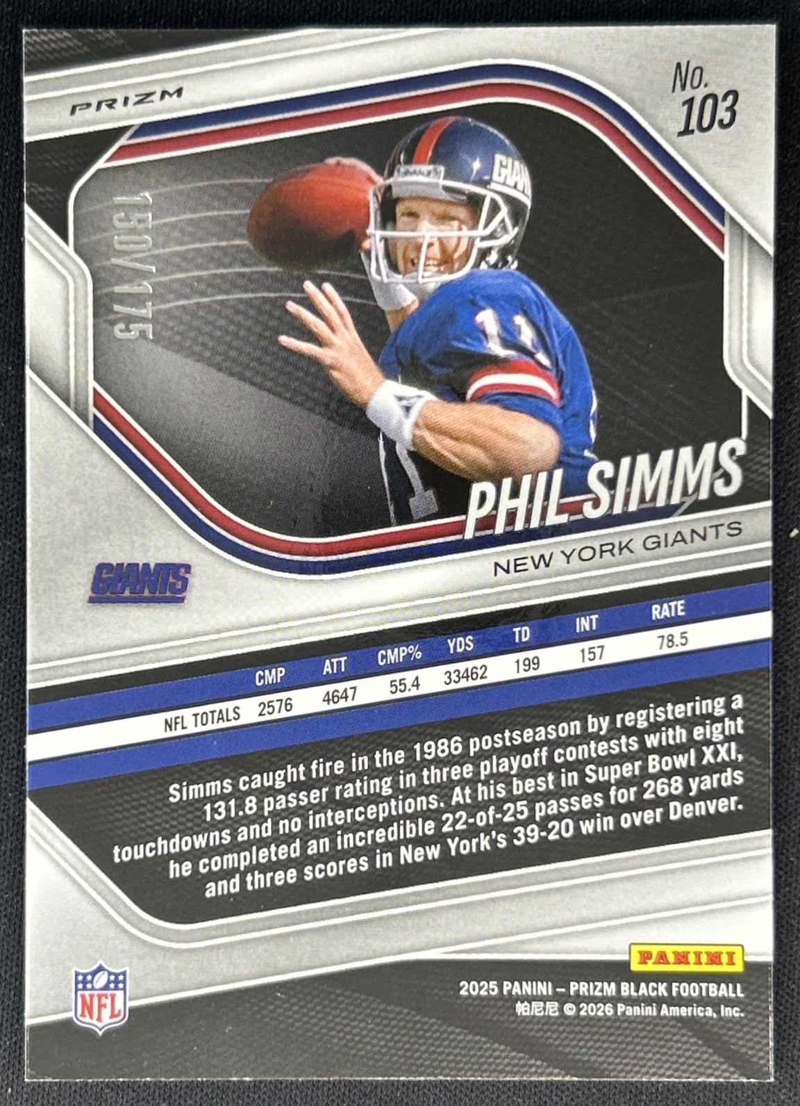 Phil Simms 2025 Panini Prizm Black White /175 Giants back