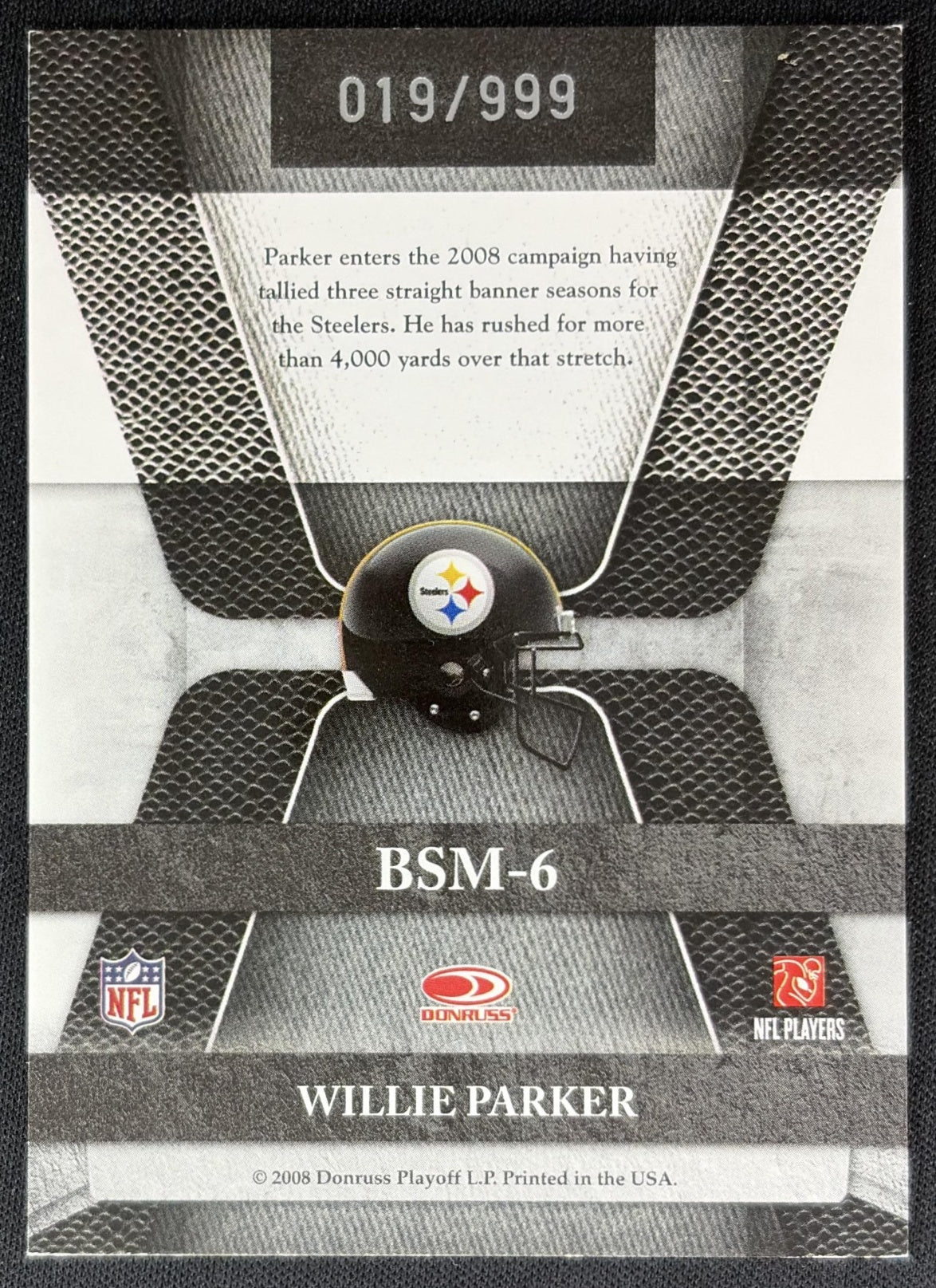Willie Parker 2008 Leaf Limited Banner Season /999 Steelers back