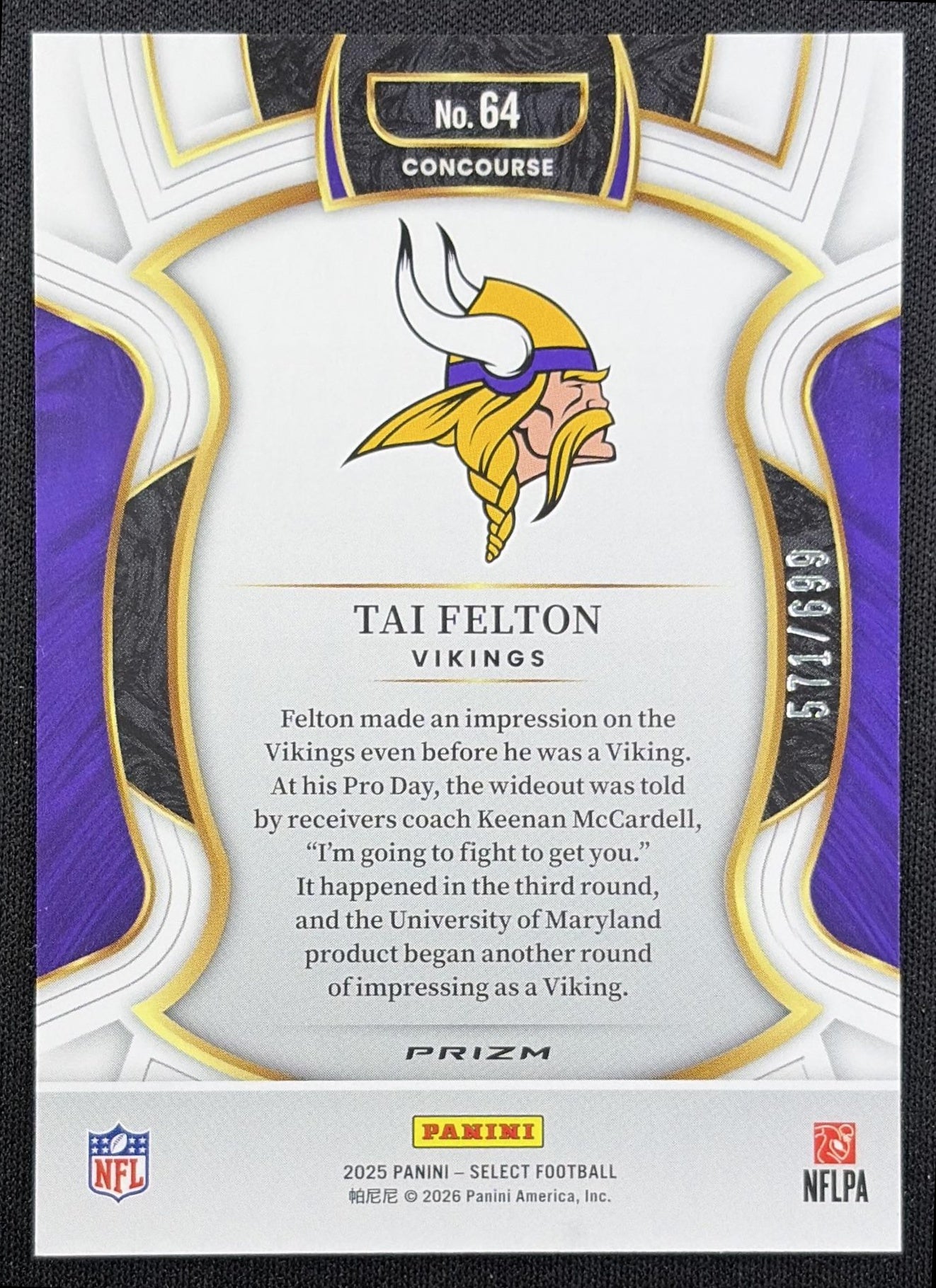 Tai Felton 2025 Panini Select Concourse Purple Prizm Shock /699 Vikings