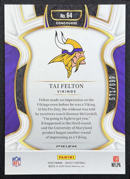 Tai Felton 2025 Panini Select Concourse Purple Prizm Shock /699 Vikings
