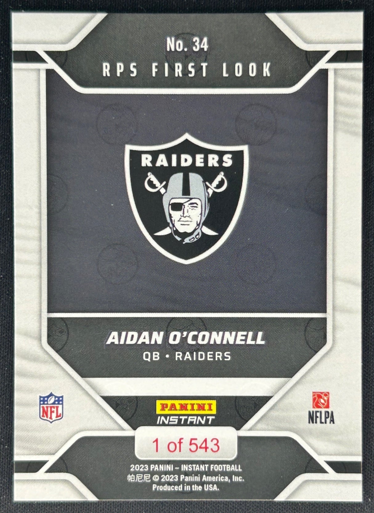 Aidan O'Connell 2023 Panini Instant Rookie Premiere Raiders Sports Trading Cards
