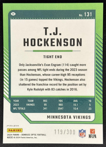 T.J. Hockenson 2024 Panini Donruss Optic Wave /300 Vikings Sports Trading Cards