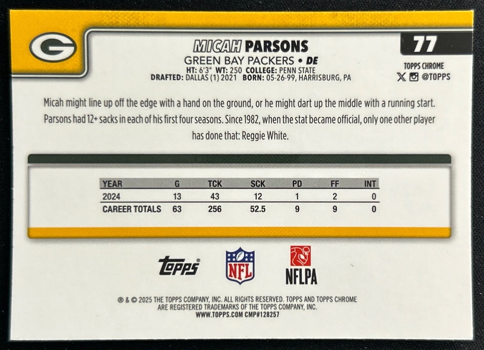 Micah Parsons 2025 Topps Chrome Packers Sports Trading Cards