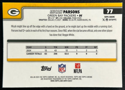 Micah Parsons 2025 Topps Chrome Packers Sports Trading Cards