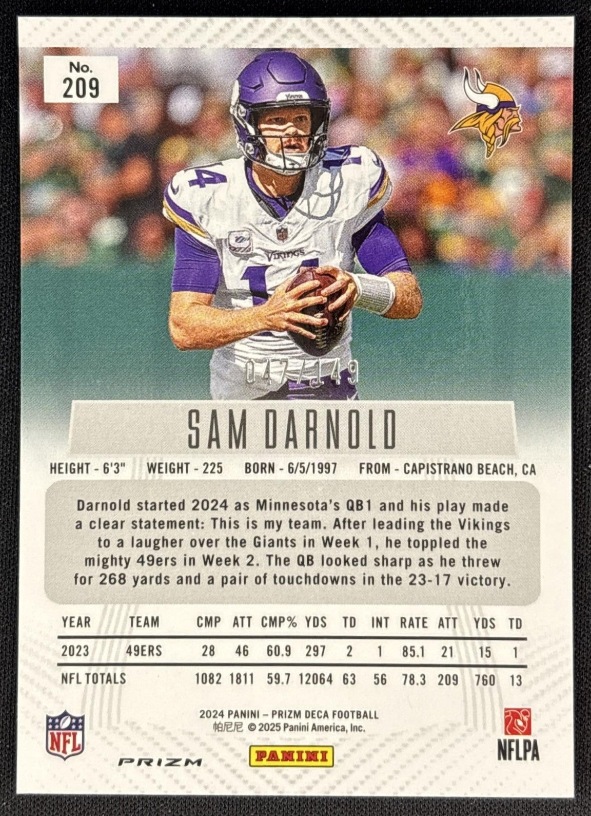Sam Darnold 2024 Panini Prizm Deca Blue /149 Vikings back