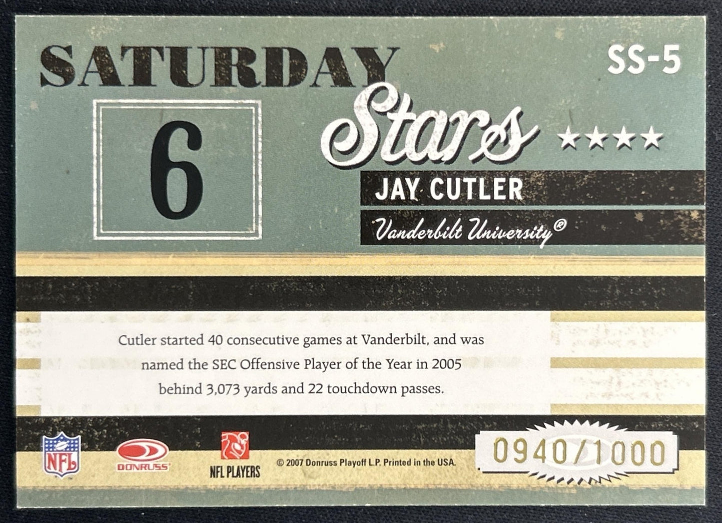 Jay Cutler 2007 Donruss Classics Saturday Stars Bronze /1000 Commodores