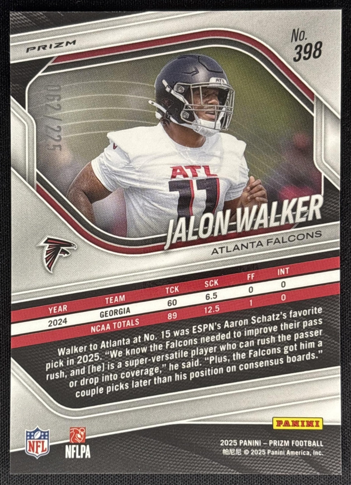 Jalon Walker 2025 Panini Prizm Purple Ice /225 Falcons Sports Trading Card