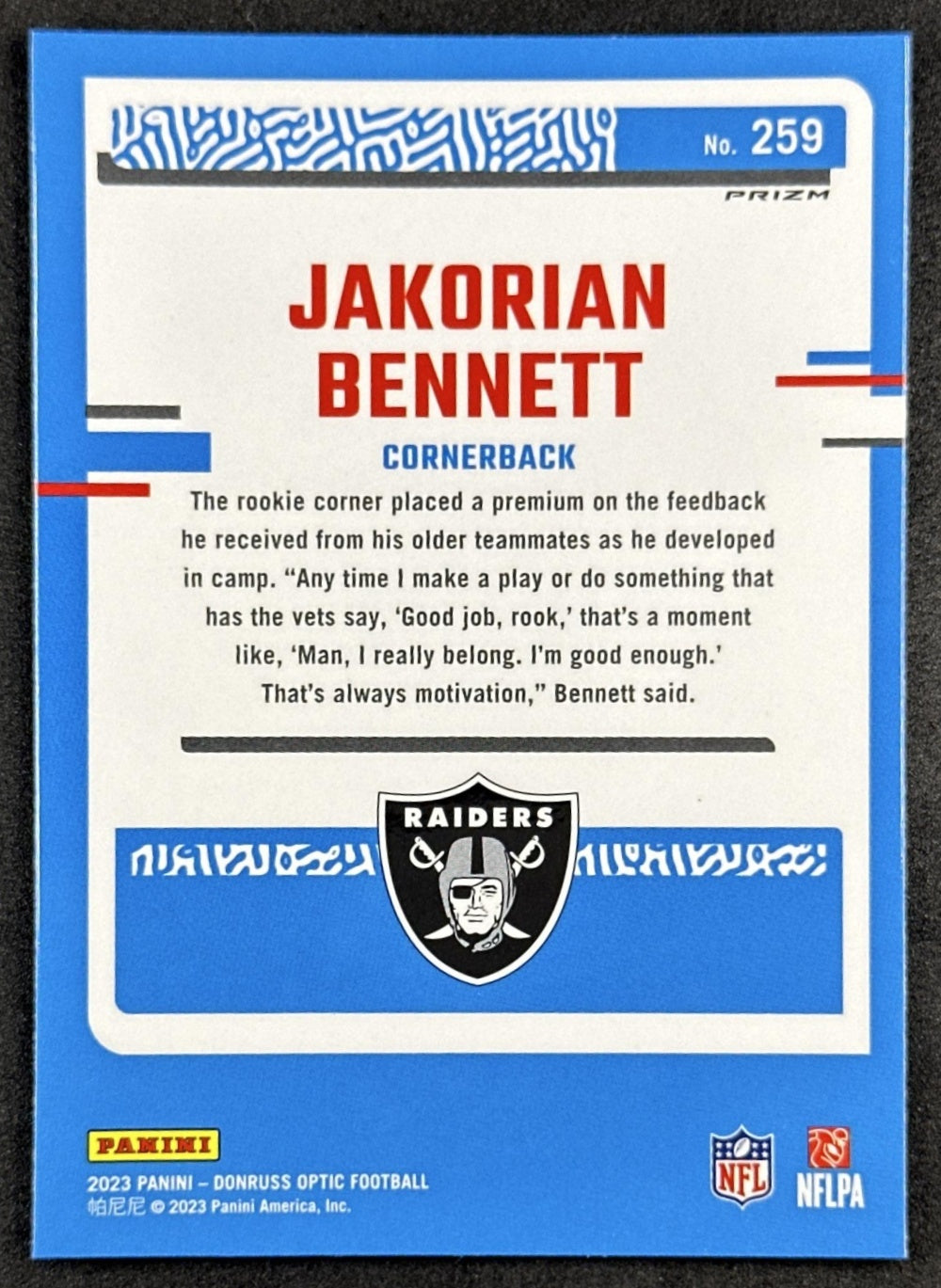 Jakorian Bennett 2023 Panini Donruss Optic Purple Shock Prizm Raiders Back