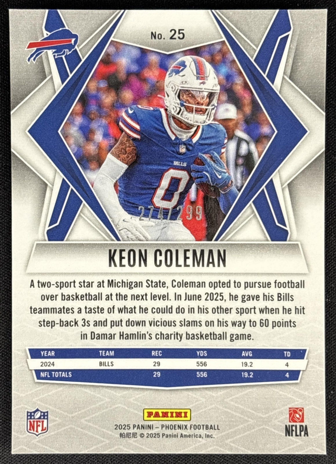 Keon Coleman 2025 Panini Phoenix Pink Winter Prizm /299 Bills