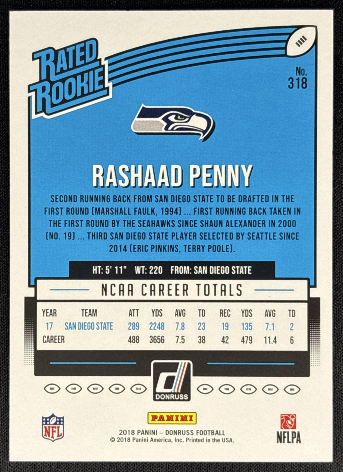 Rashaad Penny 2018 Panini Donruss Season Stat Line /99 Seahawks back