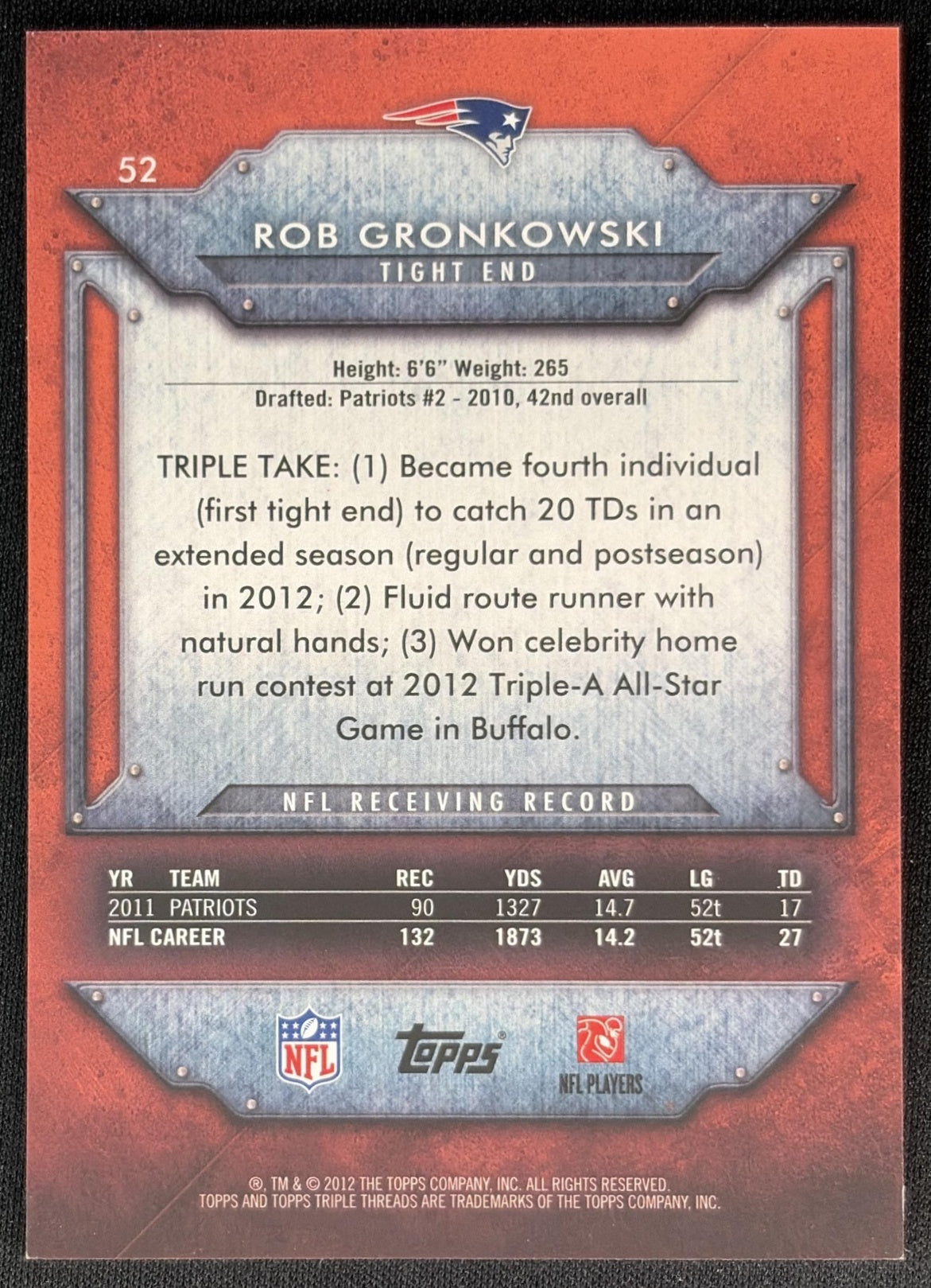 Rob Gronkowski 2012 Topps Triple Threads /989 Patriots back