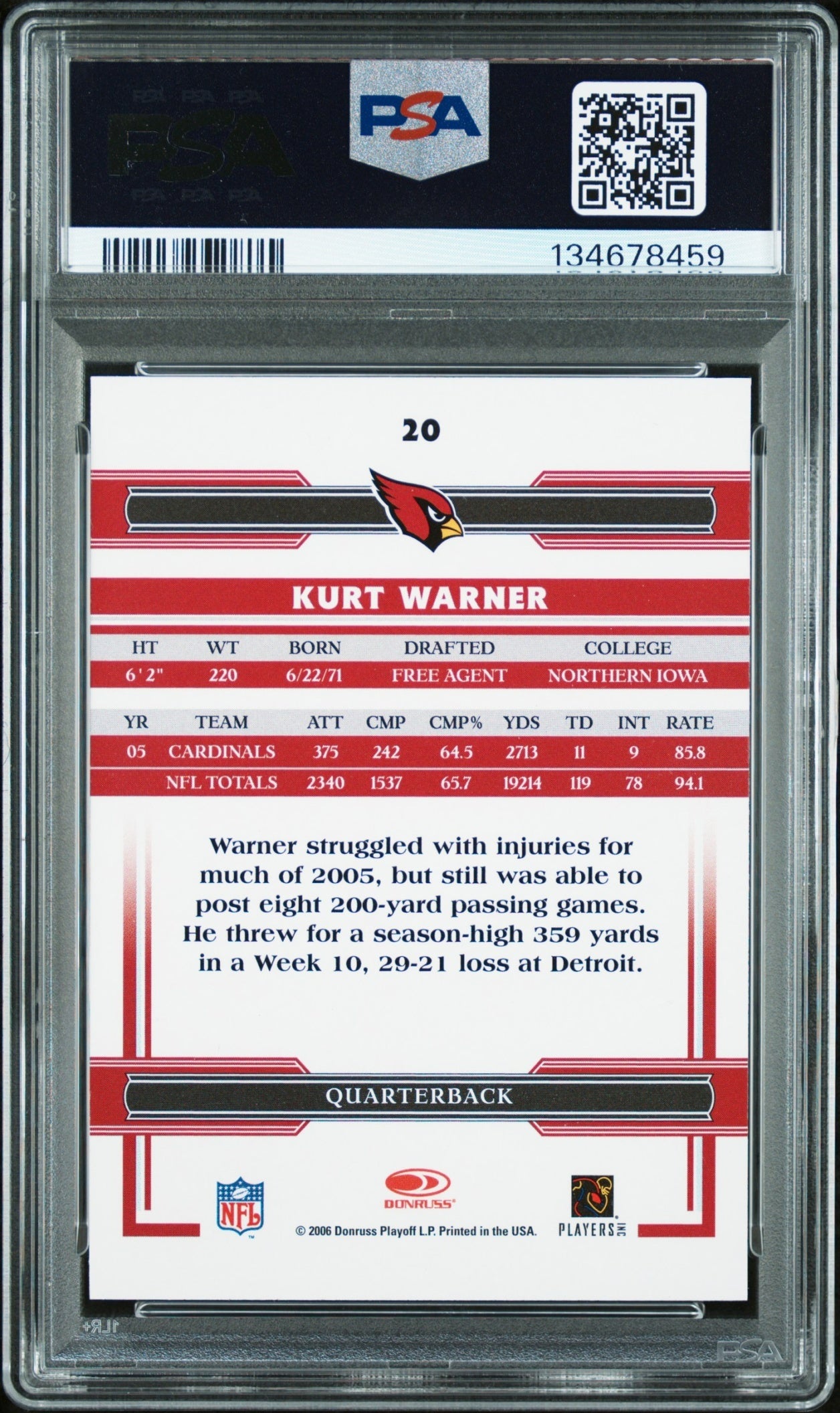 Kurt Warner 2006 Donruss Threads PSA 10 Cardinals back