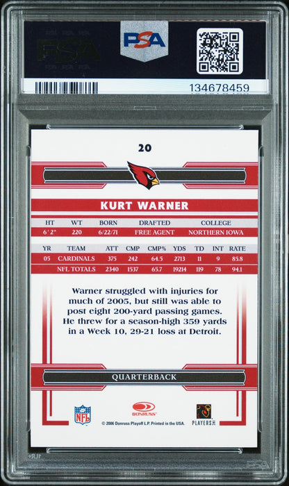 Kurt Warner 2006 Donruss Threads PSA 10 Cardinals back