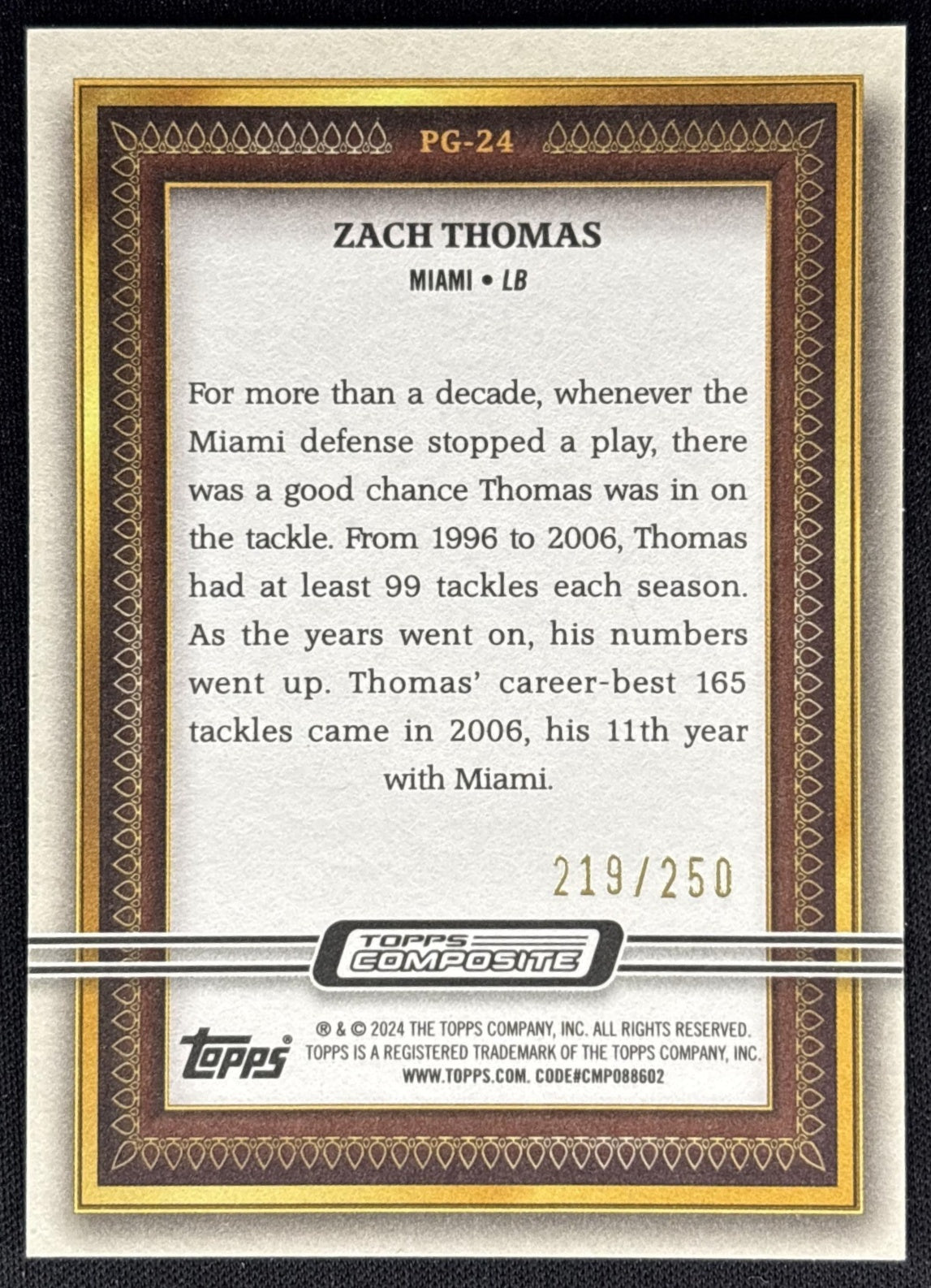 Zach Thomas 2023 Topps Composite Portrait Gallery Green /250 Dolphins back