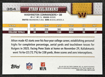 Athan Kaliakmanis 2026 Topps Flagship Rookie Commanders Sports Trading Cards