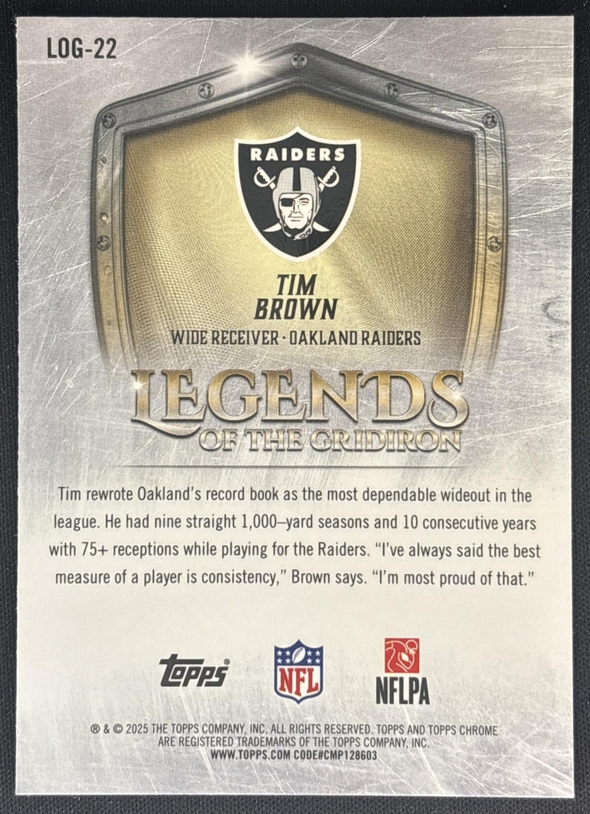 Tim Brown 2025 Chrome Legends of the Gridiron Yellow Refractor /275 Raiders back