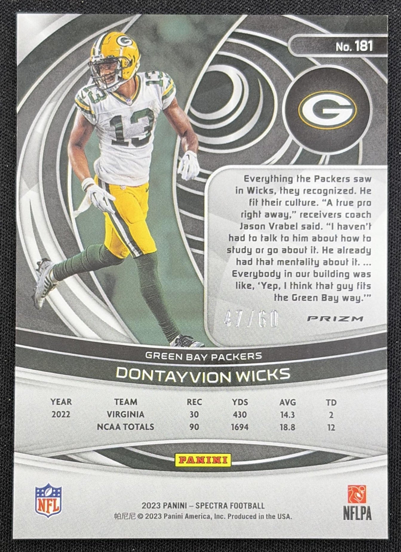 Dontayvion Wicks 2023 Panini Spectra Interstellar /60 Packers Green Bay Packers