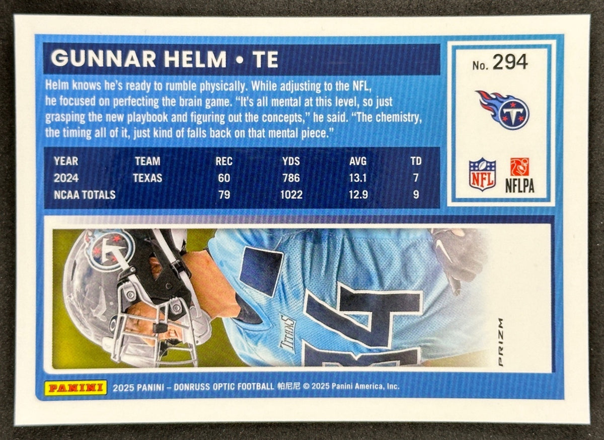 Gunnar Helm 2025 Donruss Optic Rated Rookie Holo Titans Sports Trading Card