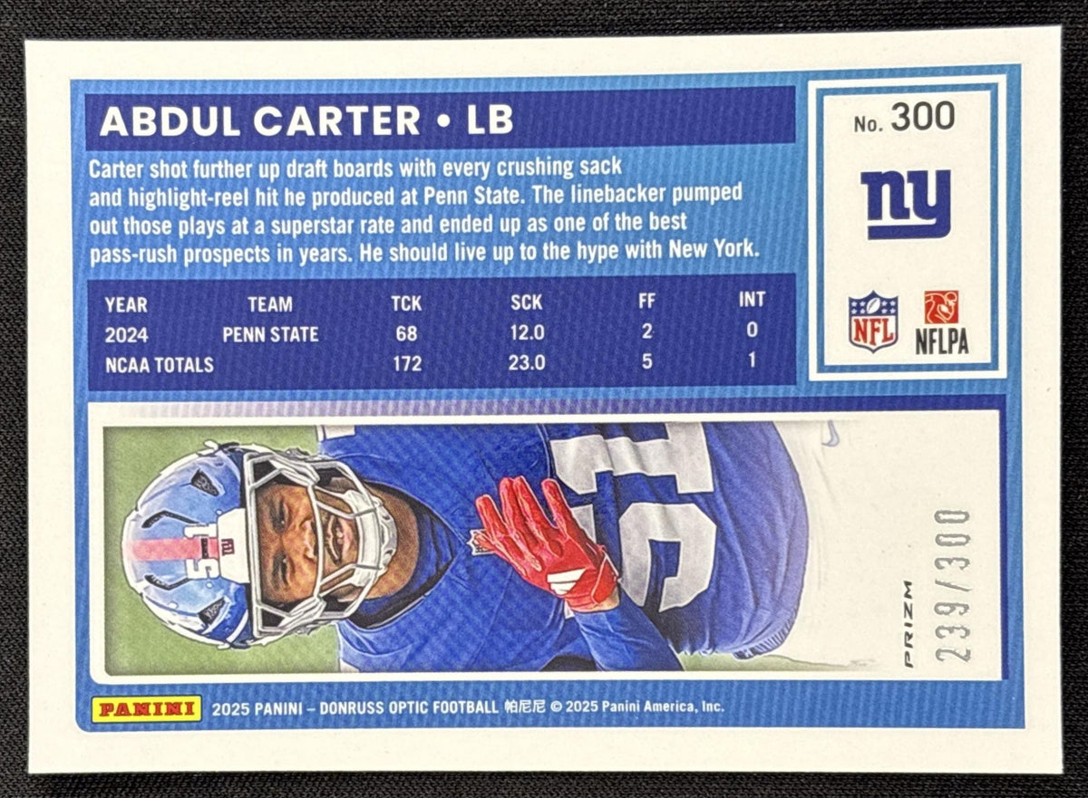 Abdul Carter 2025 Panini Donruss Optic Rated Rookie Wave Prizm /300 Giants