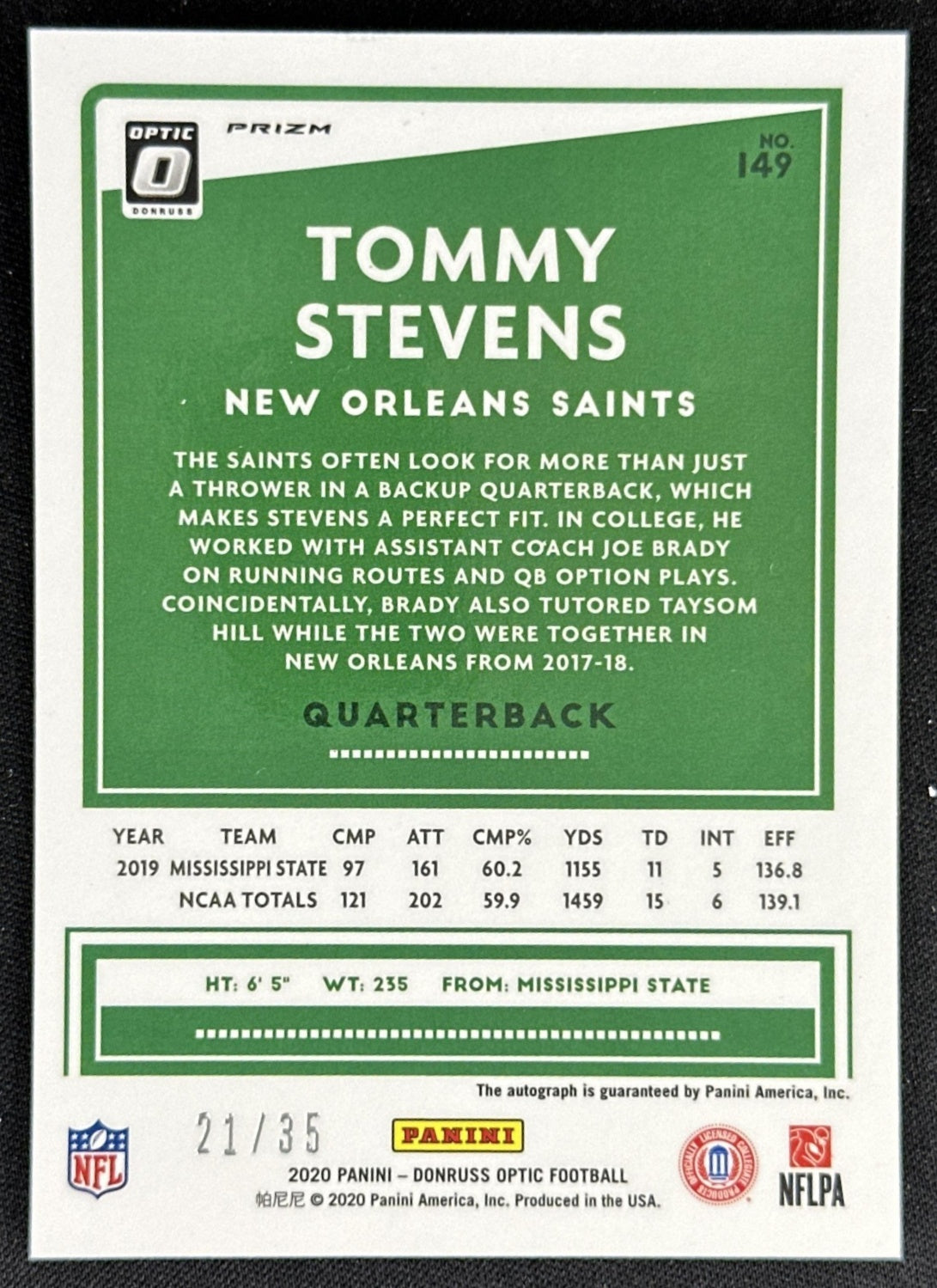 Tommy Stevens 2020 Panini Donruss Optic Rookies Auto Purple /35 Saints