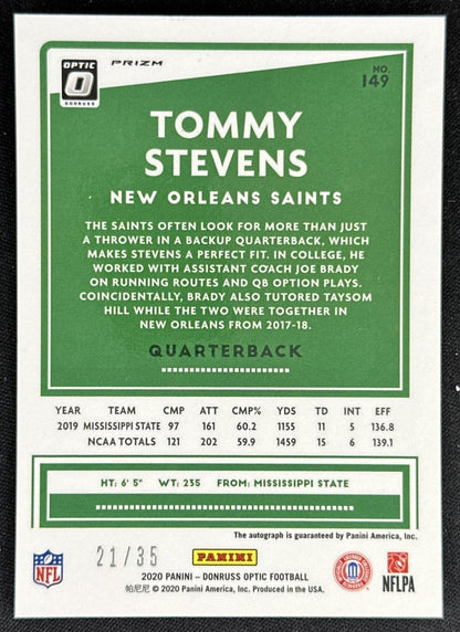 Tommy Stevens 2020 Panini Donruss Optic Rookies Auto Purple /35 Saints