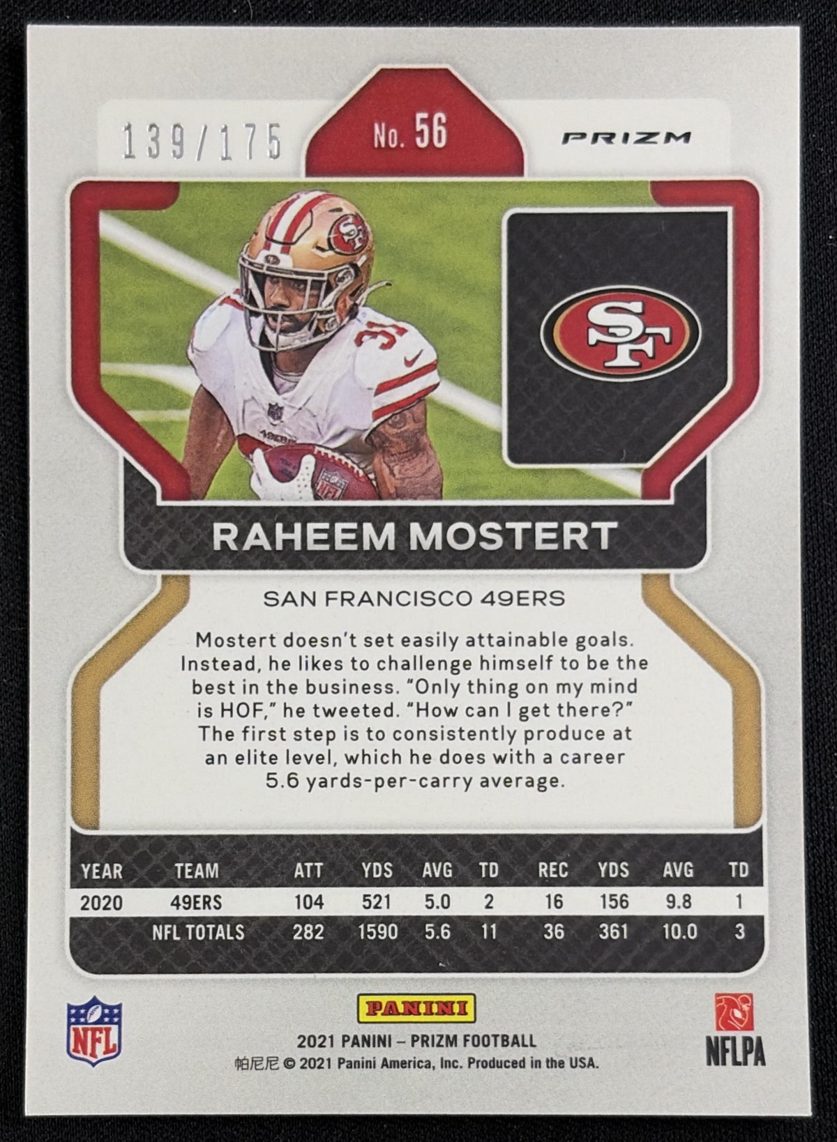 Raheem Mostert 2021 Panini Prizm Hyper /175 49ers - Back