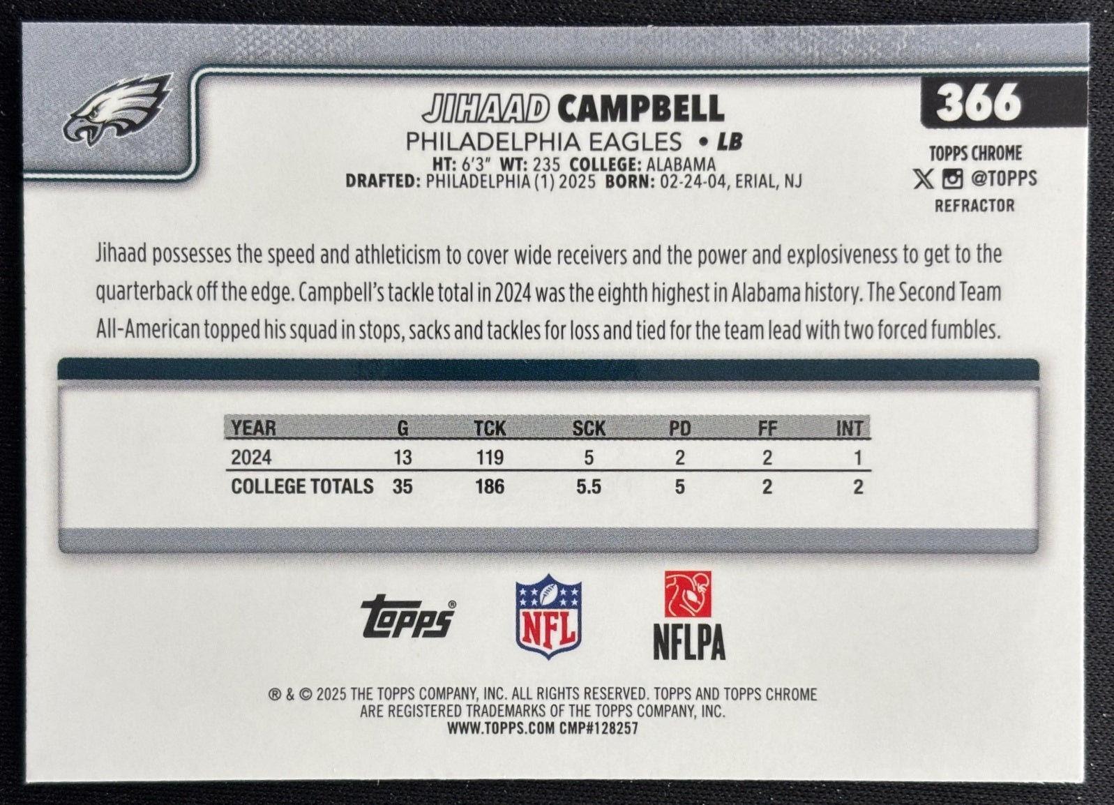 Jihaad Campbell 2025 Chrome Rookie Refractor Eagles Sports Trading Cards