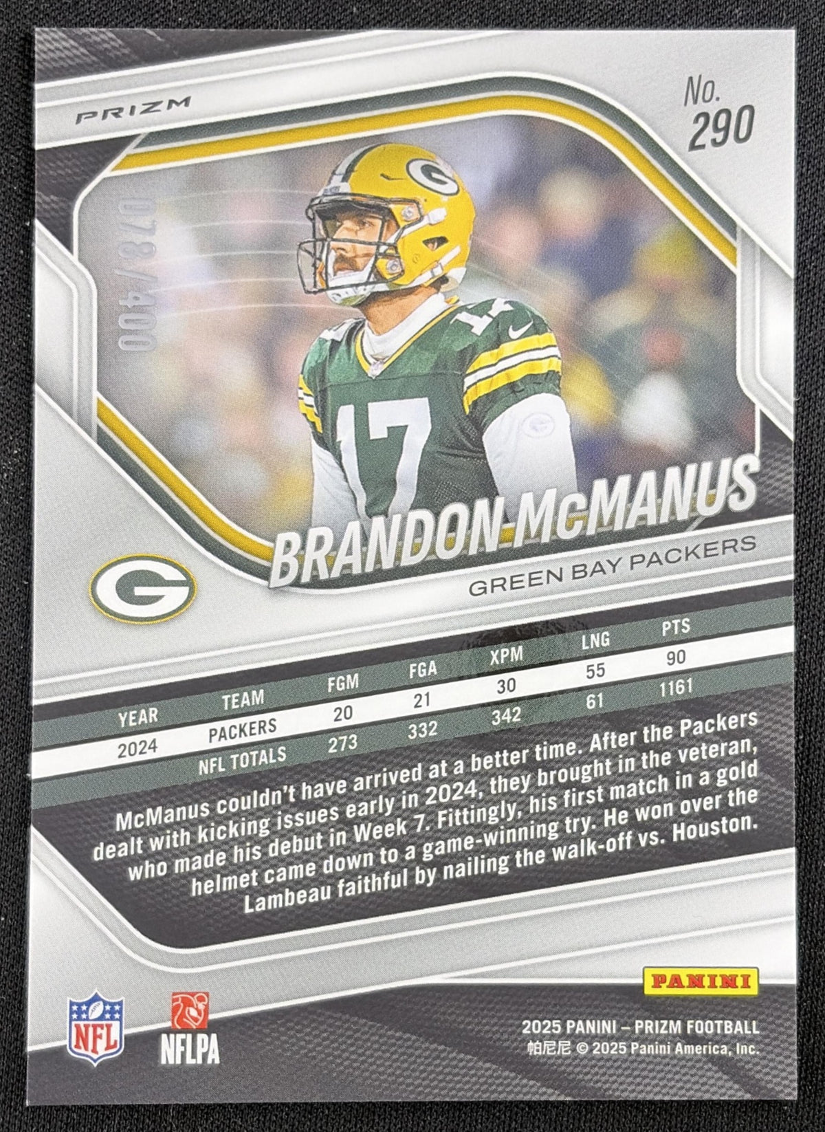 Brandon McManus 2025 Panini Prizm Pandora /400 Packers Sports Trading Card