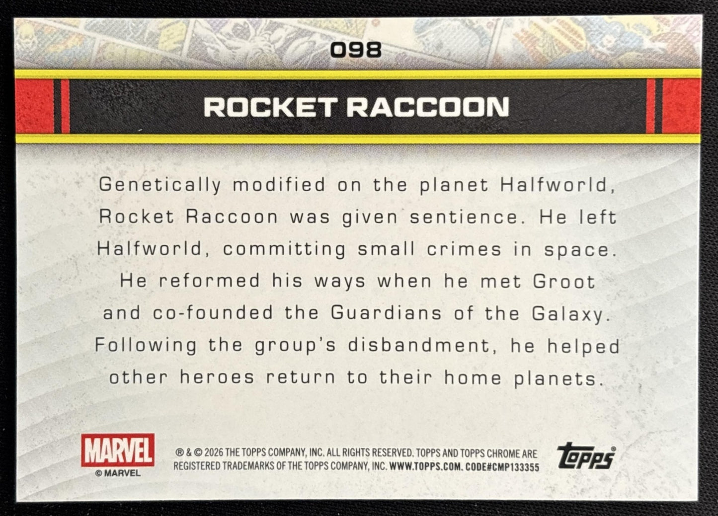 Rocket Raccoon 2026 Topps Chrome Marvel Comics back