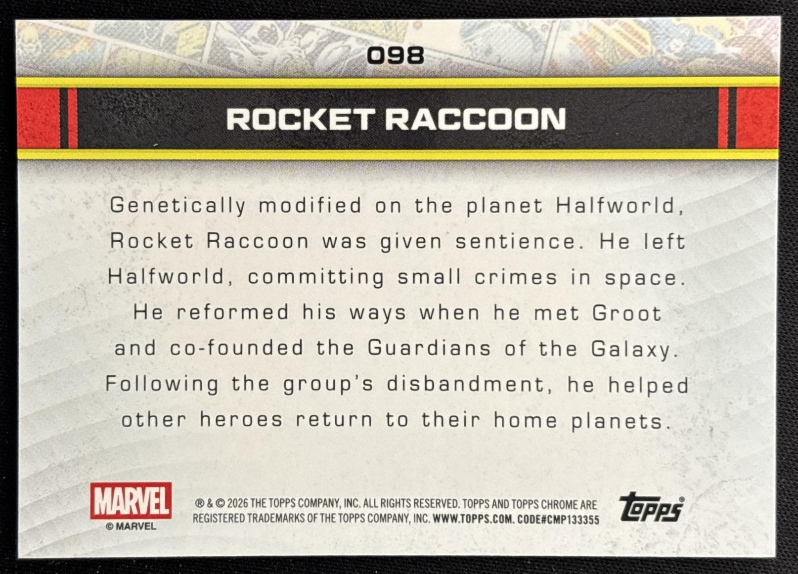 Rocket Raccoon 2026 Topps Chrome Marvel Comics back
