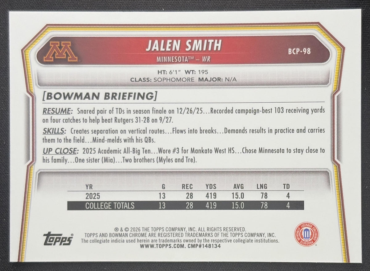 Jalen Smith 2026 Bowman Chrome Prospects Mojo Refractor Golden Gophers