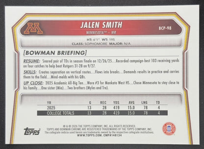 Jalen Smith 2026 Bowman Chrome Prospects Mojo Refractor Golden Gophers