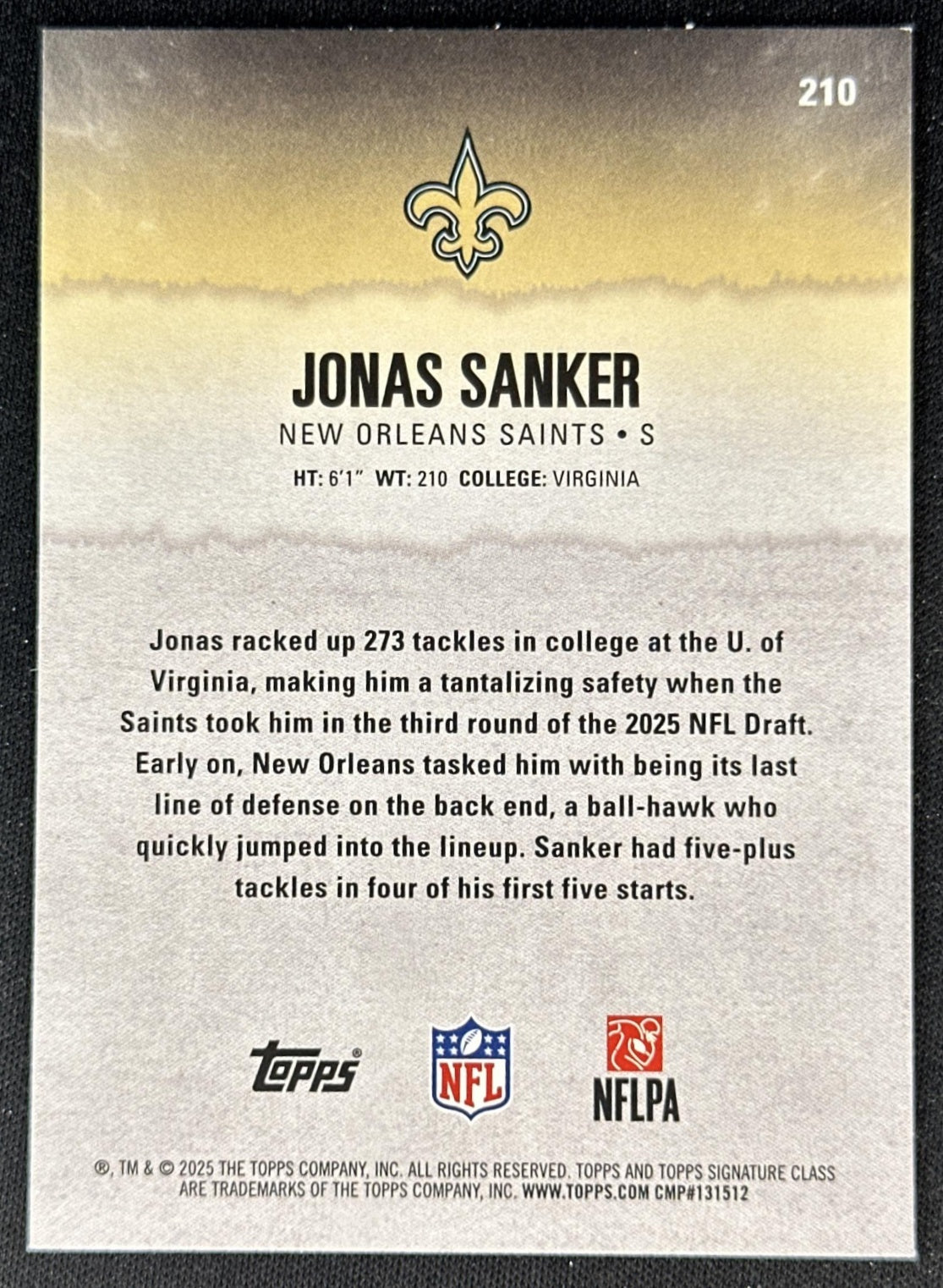 Jonas Sanker 2025 Topps Signature Class Green & Purple Rookie Saints back