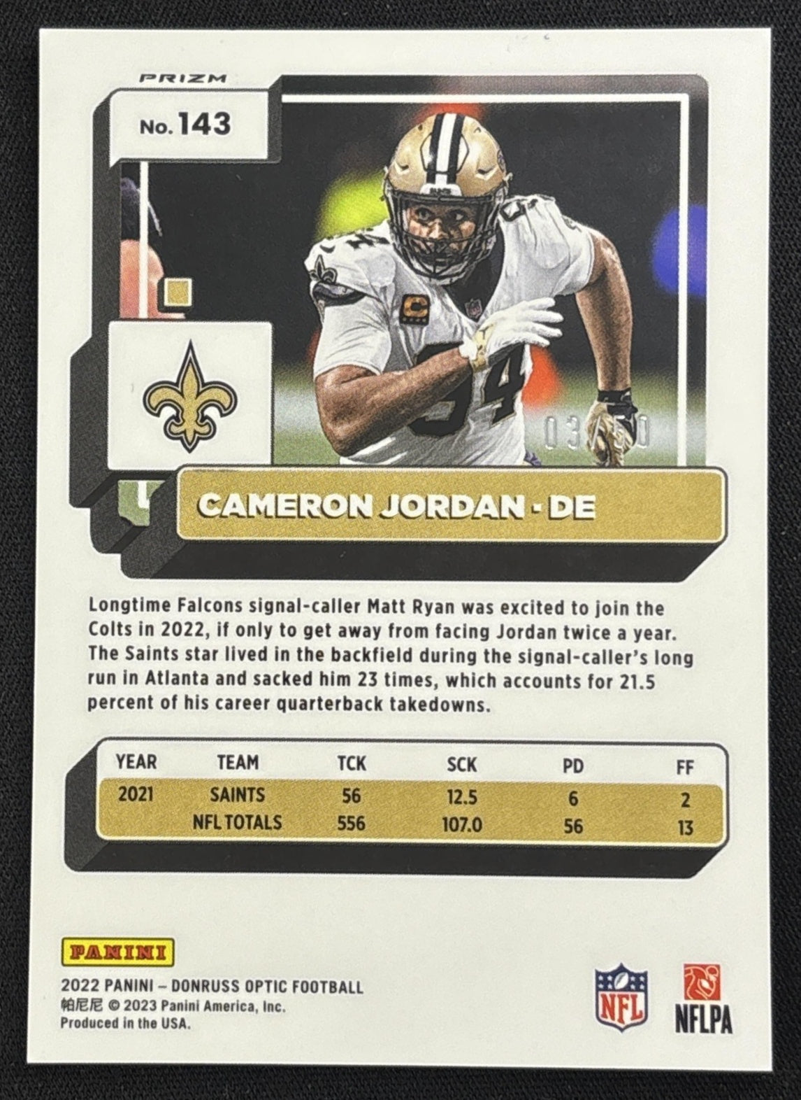 Cameron Jordan 2022 Panini Donruss Optic Purple /50 Saints Sports Trading Card
