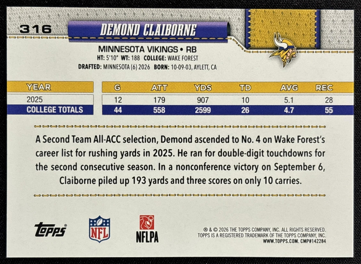 Demond Claiborne 2026 Topps Football Leather Foil Vikings
