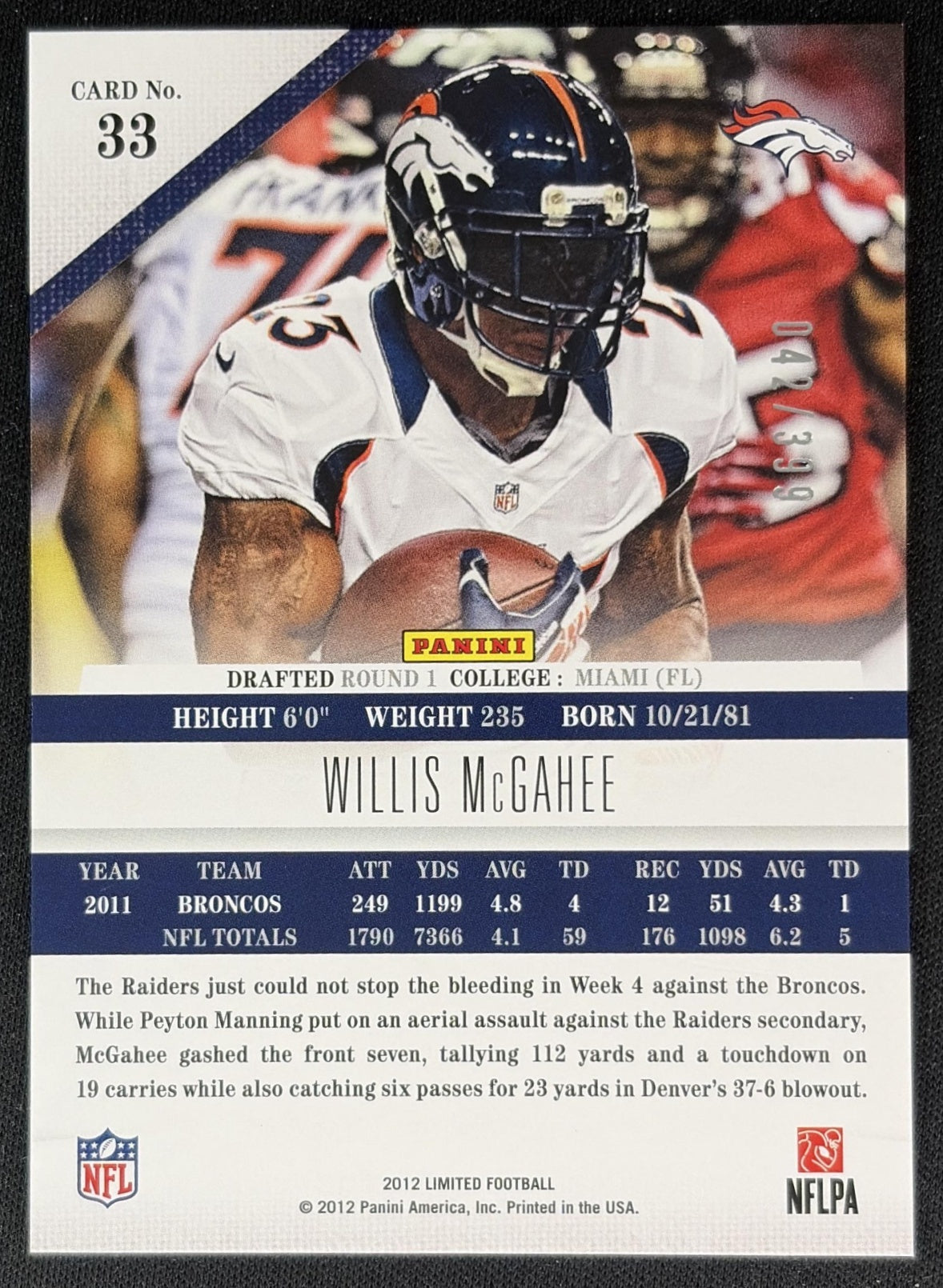 Willis McGahee 2012 Panini Limited /399 Broncos