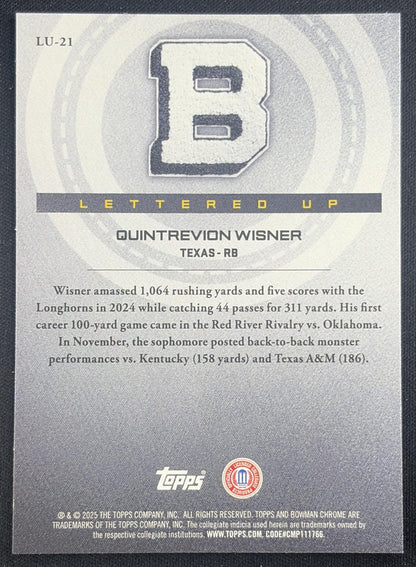 Quintrevion Wisner 2025 Bowman Chrome University Lettered Up! Blue Refractor /150 Longhorns