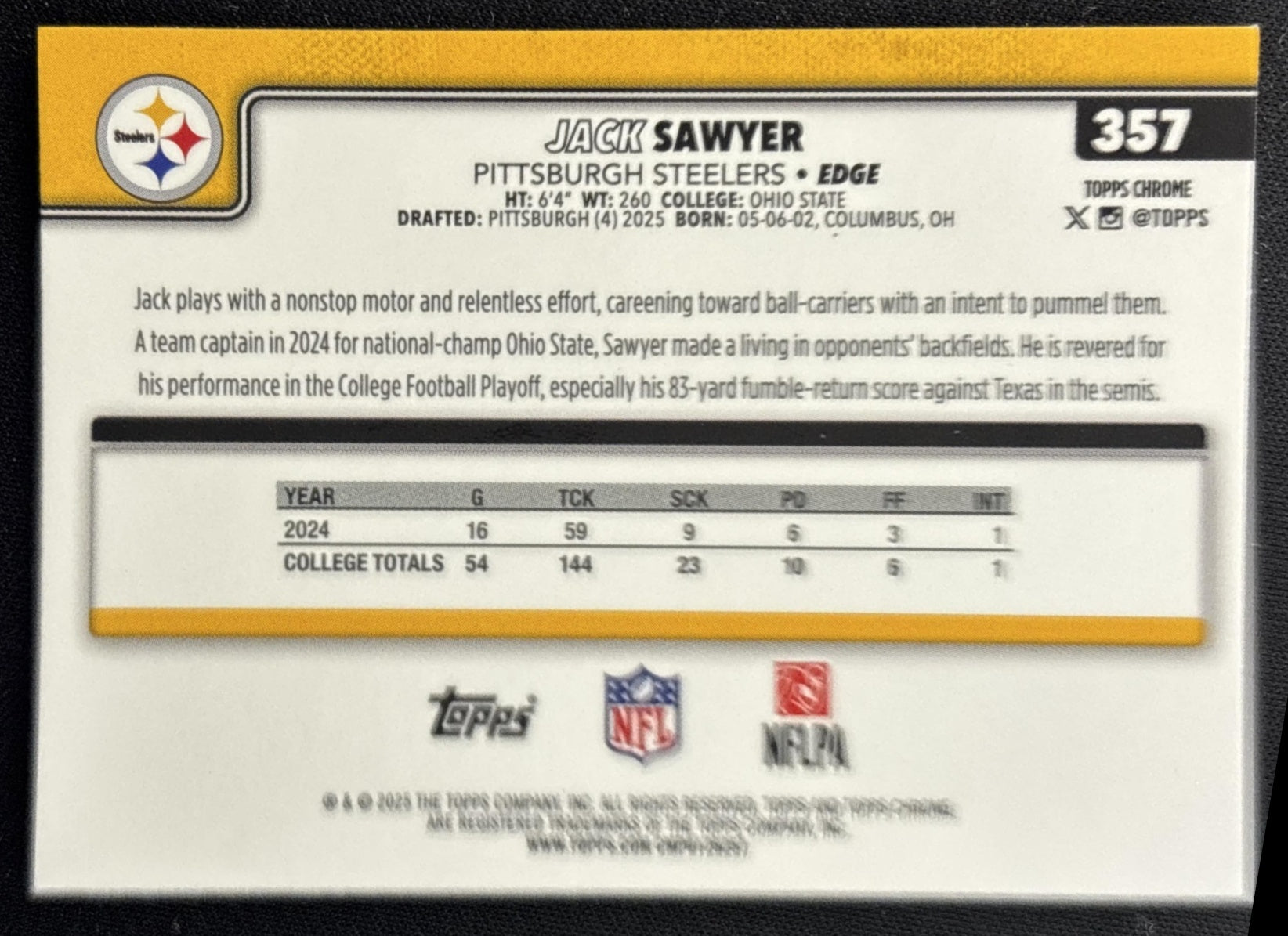 Jack Sawyer 2025 Topps Chrome Sapphire Steelers Sports Trading Cards